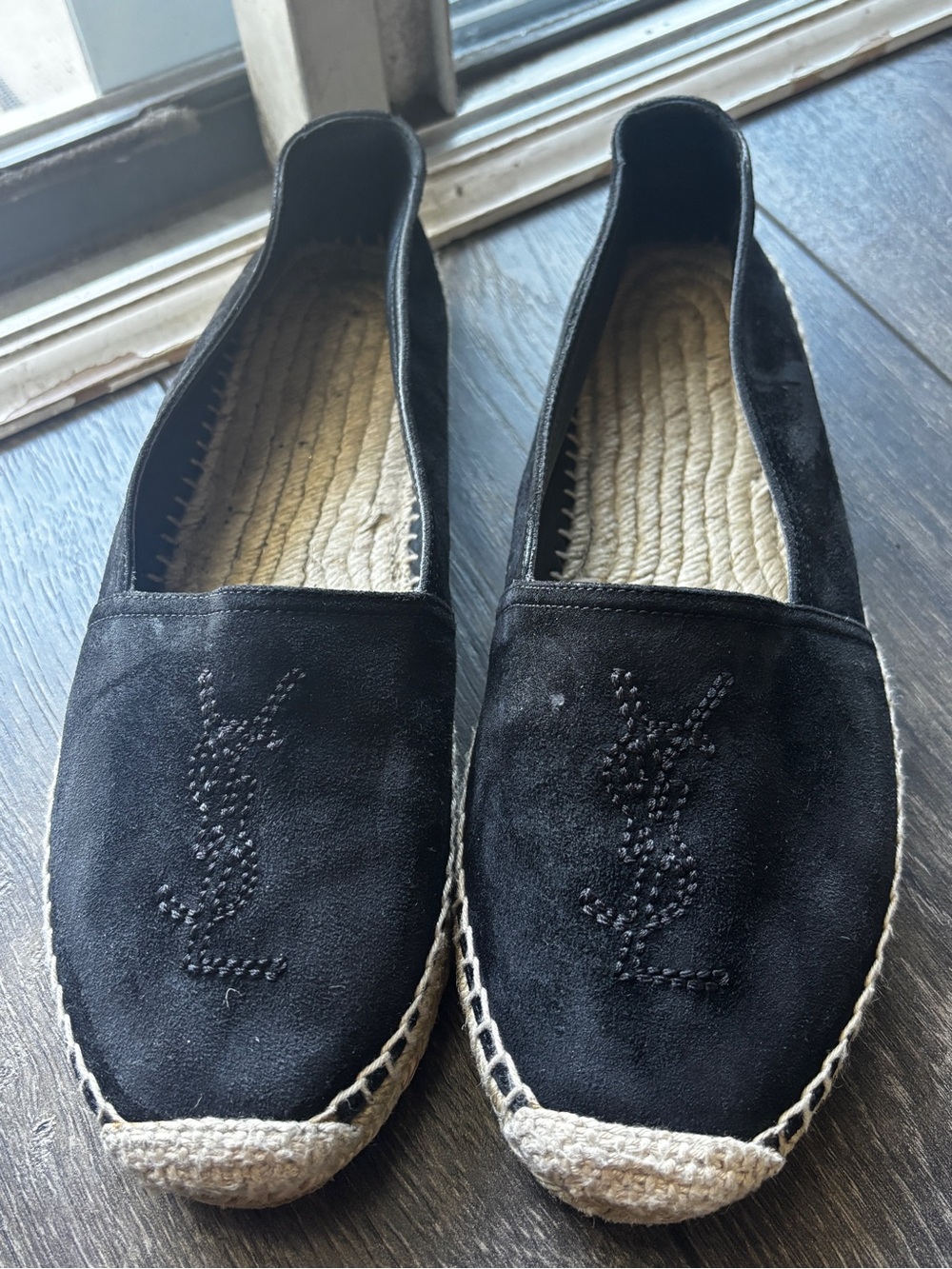 Yves Saint Laurent Black Suede Espadrille Flats with Beaded Logo 38